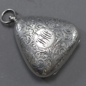 triangular form with bale handle, engraved body and monogrammed cartouche