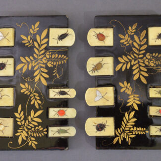 Japanese lacquere whist markers with ivory tabs each enamelled with an insect, the bodies decorated with elaborate gilt flora.