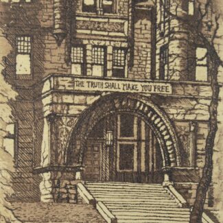 A close crop of the entrance to Victoria College is shown with motto 'The Truth Shall Make You Free'