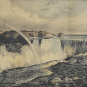 A view is shown across the Horseshoe falls, across the island, and across the American Falls; bisected by a rainbow.
