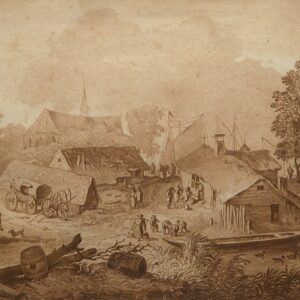 A Crayon-Manner print of a bustling Dutch village c. 1782.