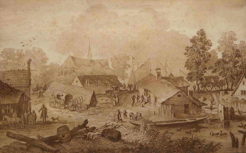 Cornelius Ploos van Amstel The Village Crayon-Manner A Crayon-Manner print of a bustling Dutch village c. 1782.