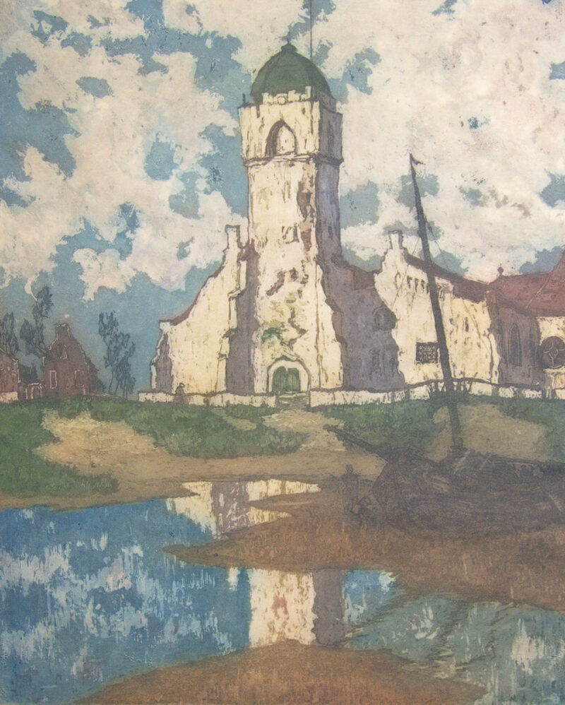 The facade of Katwijk Church reflects in a body of water