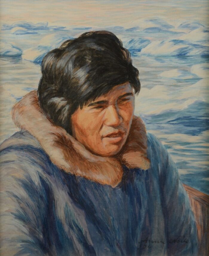 A young Inuk man with black hair sits in a light blue parka, the background is an acy field of white and blue