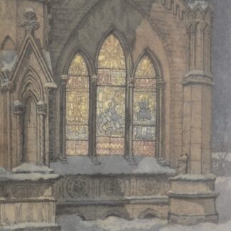 The light of the moon illuminates the exterior stained glass of a church in winter with the interior light joining in the glow, the scenes shown, the hour is midnight and the scenes on the window correspond