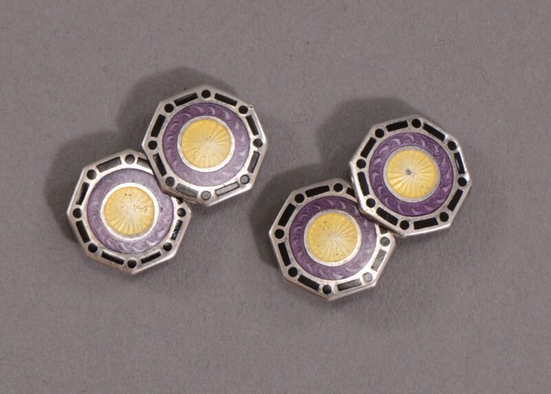 octagonal sterling silver cufflinks with yellow, purple and black enamelling