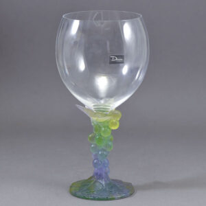 Pate de Verre crystal wine goblet with a clear bowl and multi-colour grape vine stem