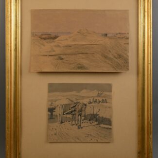 two small sketches one of workers working and the other of them taking a rest