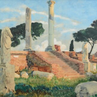 Sunlight falls on the remains of an ancient temple, the surrounding space is lush with overgrowth and cedar trees.