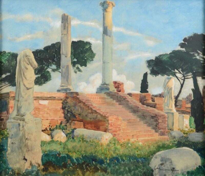 Sunlight falls on the remains of an ancient temple, the surrounding space is lush with overgrowth and cedar trees.