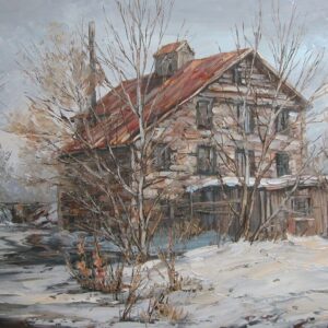 3/4 depiction of Babcock Mill in Odessa Ontario, set within a frozen winter landscape