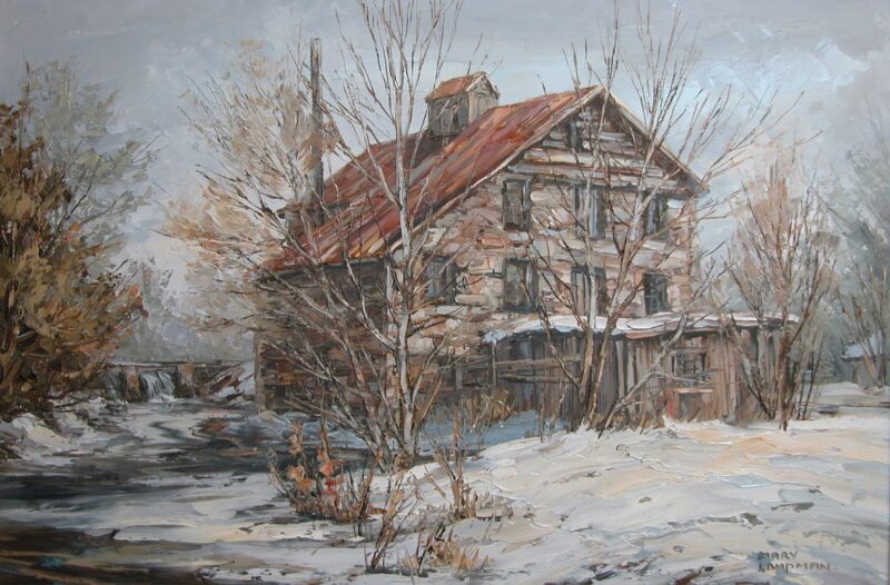 3/4 depiction of Babcock Mill in Odessa Ontario, set within a frozen winter landscape