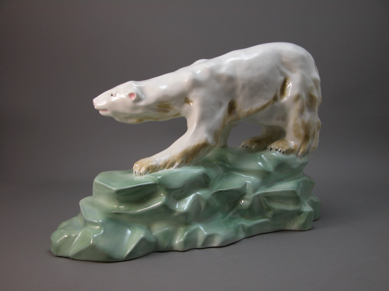 Wade Polar Bear from the Blow Ups Series, Model 1941. Large polar bear is modelled atop a mint green rocky integral plinth.